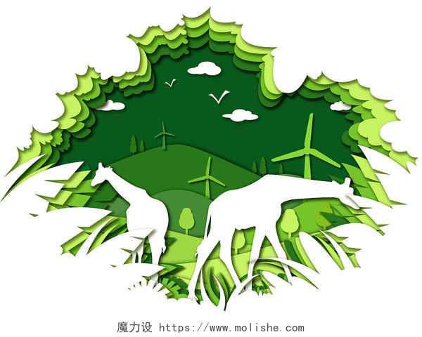 绿色自然风景环保森林立体剪纸适量插画PSD环境保护
